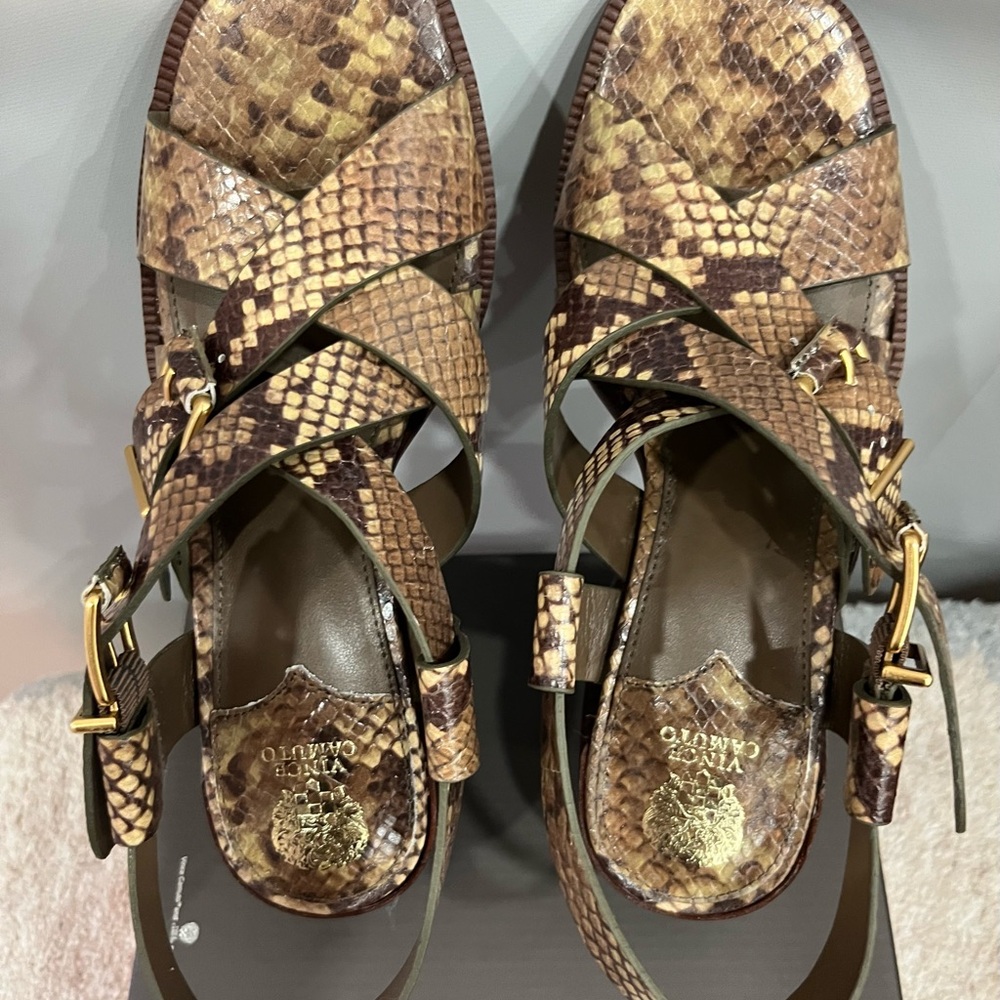 Vince Camuto Brown Snake-Print Buckle Block Heel Sandals - Picture 7 of 8